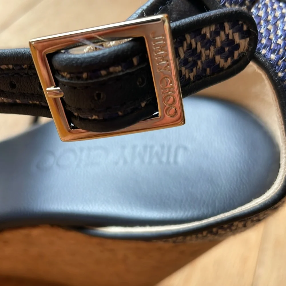 Jimmy Choo Portia Wedge Sandals Navy Cork Two-Tone Leather Size 38 EU Chic Style